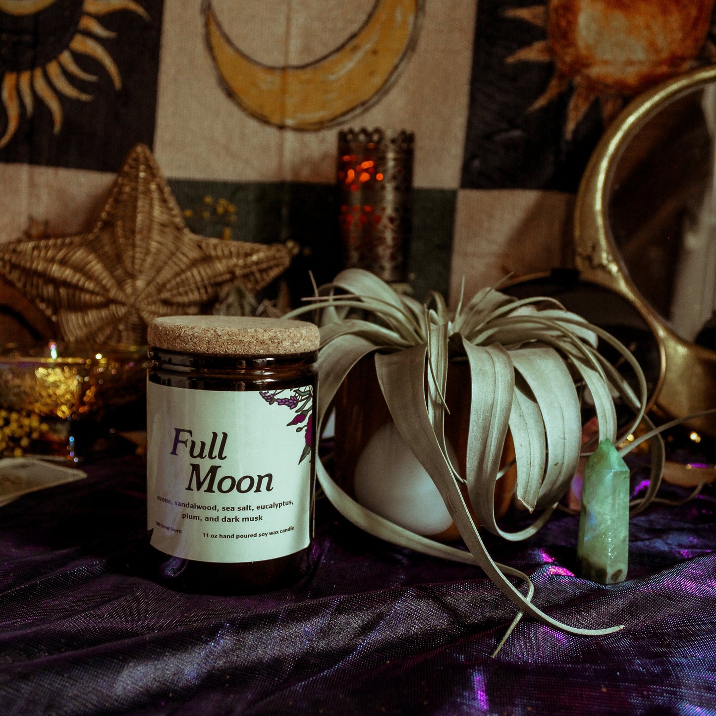 Full Moon product on a mystical table with celestial decorations