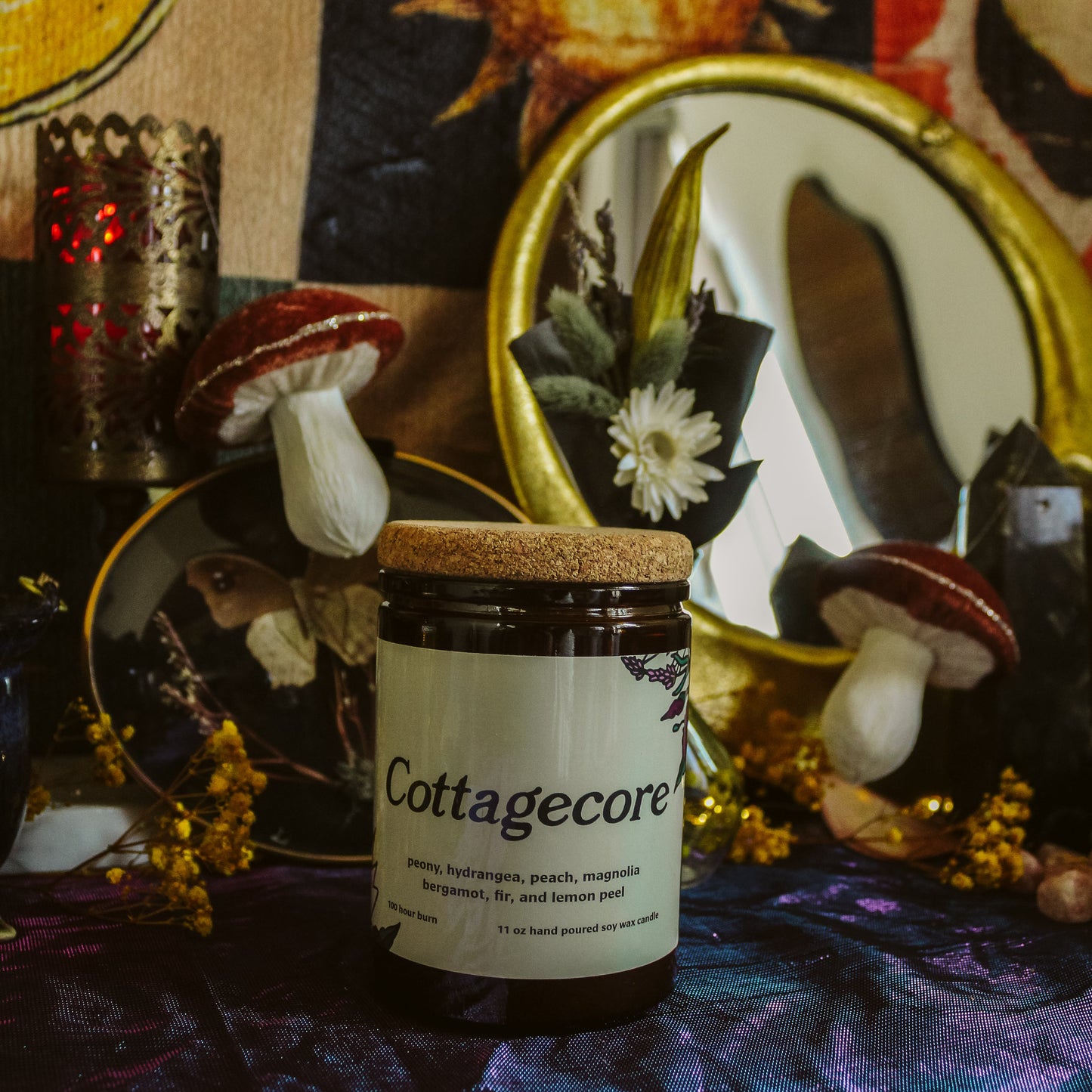 Cottagecore product jar with decorative background featuring mushrooms and mirrors.