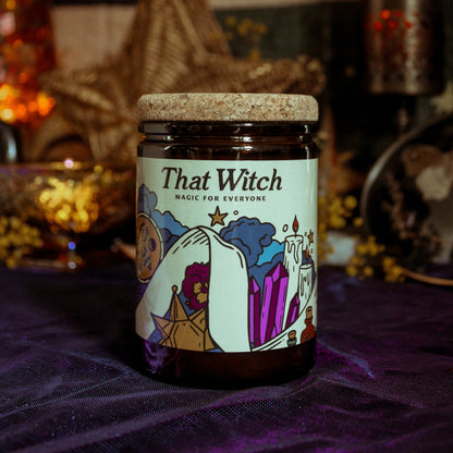 Jar labeled 'That Witch' on a mystical background with sun and moon symbols.